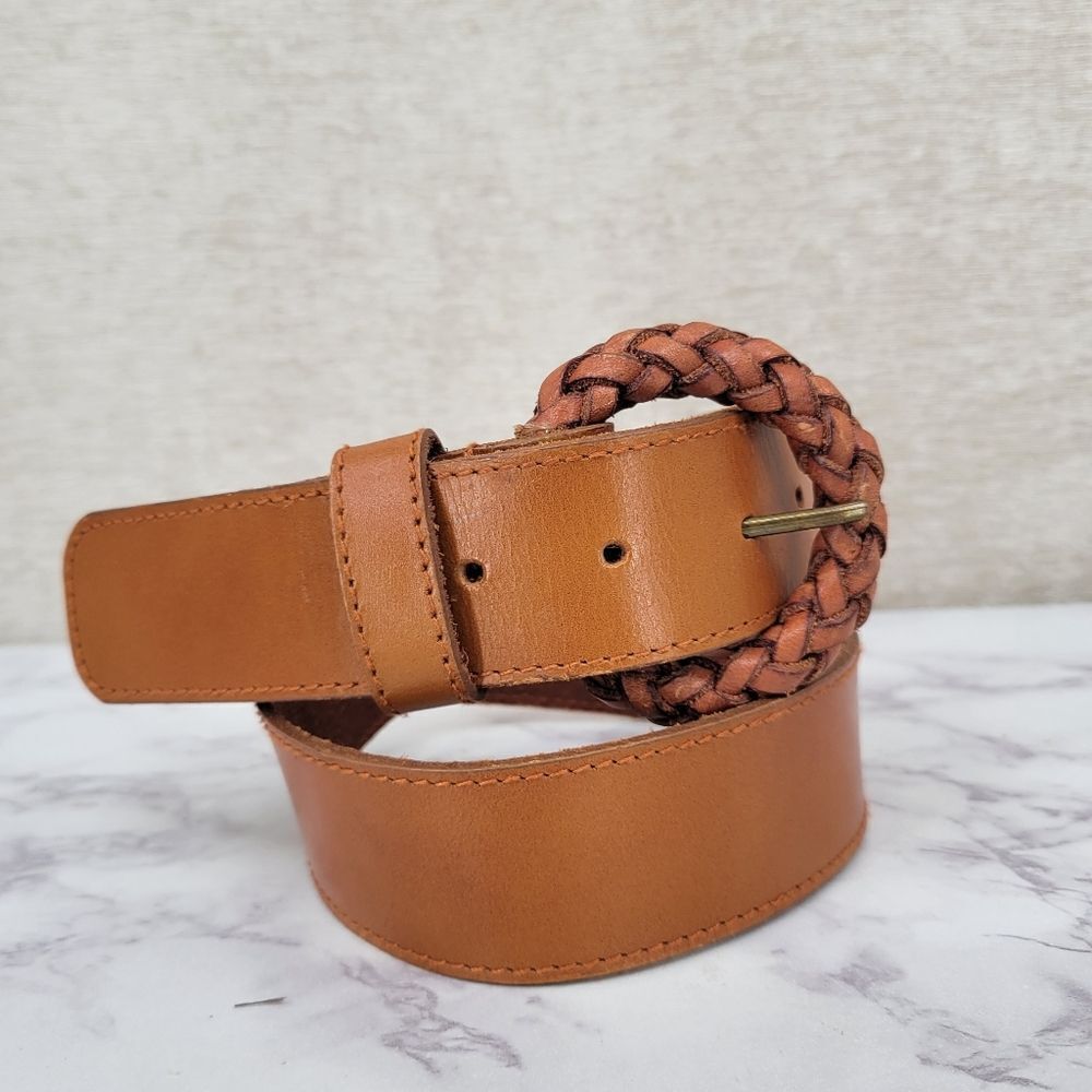 Liz Claiborne Tan Braided-Round Buckle Leather Belt